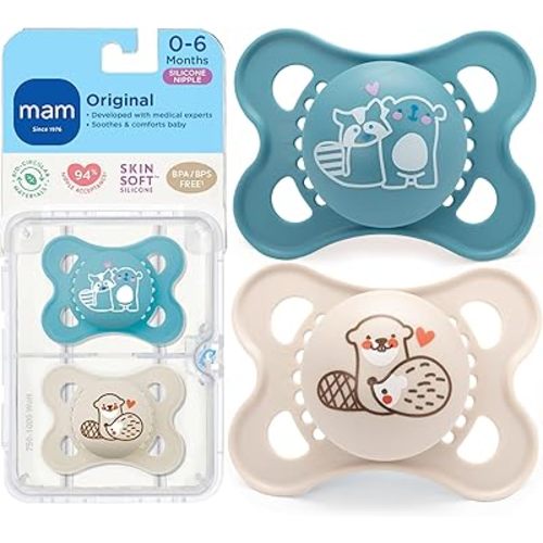 MAM Original Matte Baby Pacifiers 0-6 Months, Binky for Newborn Babies, BPA-Free Skin Soft Silicone Nipple, Easy to Clean, Developed with Medical Experts, 2 Count, With Sterilizer Case, Made in Europe