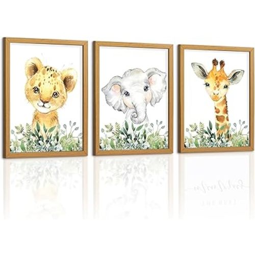 Baby Safari Nursery Wall Decor - Set of 3 Pictures Cute Animal Wall Prints on Canvas Jungle Nursery Safari Decor gifts for Baby Boys and Girls Room, Framed Wall Art (11 x14inch)
