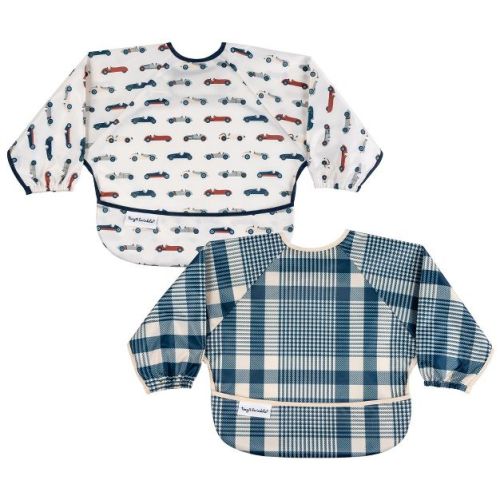 Tiny Twinkle Mess-Proof/Waterproof 2-Pack Long-Sleeve Baby Bib, Machine Washable Smock for Eating (Vintage Cars/Gingham, Small 6-24M)