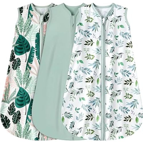 3 Pack Baby Sleep Sack 0-6 Months 100% Rayon Cotton Baby Sleeping Bag 2-Way Zipper Toddler Wearable Blankets Comfy Stretchy Lightweight TOG 0.3 (Banana&leaf&green)
