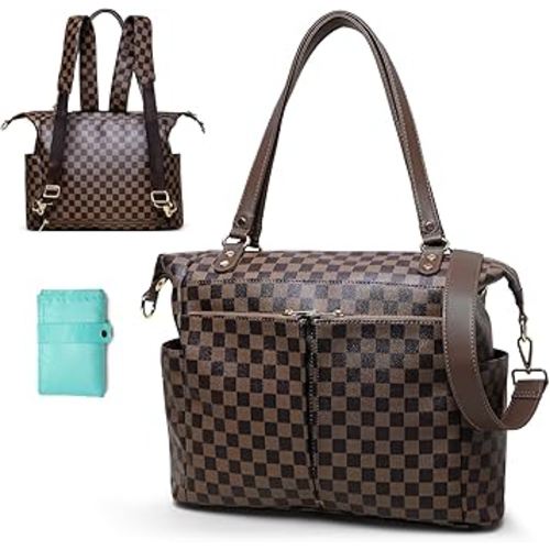 MOMINSIDE Checkered Diaper Bag Backpack Diaper Bag Tote, Plaid Tote Bag 4 in 1 Leather Checkered Bag with 14 Pockets,Convertible Baby Bag for Boys Girls, Changing Pad(Coffee)