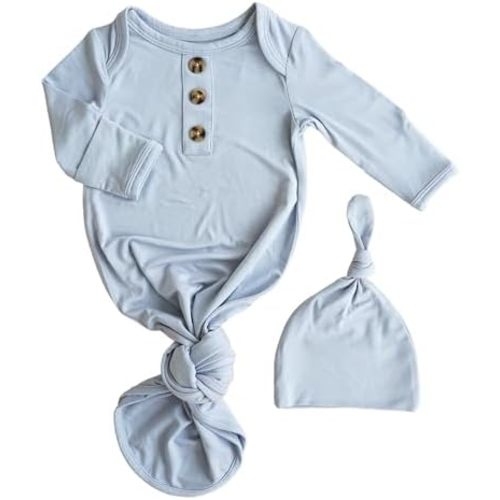 Caden Lane Newborn Knotted Gown with Hat, Soft Bamboo Viscose Baby Sleep Sack, Unisex Infant Nightgown, Breathable Sleepwear