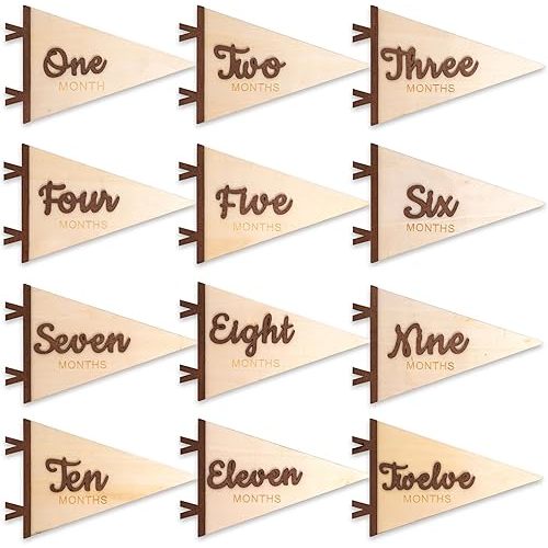 Baby Monthly Milestone Pennant Signs - Wooden Monthly Age Marker from One to Twelve Months, Newborn Announcement and Milestones Photo Props，Boy Girl Birth Party Decorations (brown)