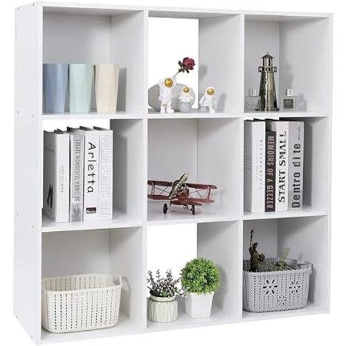 SUPER DEAL 9 Cube Storage Organizer 11 inch Cube Storage Shelf 3 x 3 Wood Bookcase Display Bookshelf with 5 Removable Back Panels for Kids Children Home, Office, Bedroom, Living Room, White