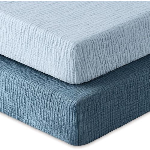 Muslin Crib Sheets for Boys Girls, 100% Cotton Fitted Crib Sheet 2 Pack for Standard Crib and Toddler Mattress, Breathable Soft Baby Sheet 28x52x8in Gradient Blue