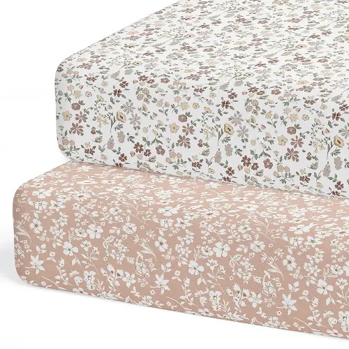 Crib Sheets Neutral - Fitted Baby Crib Sheets Bed for Girl Boy - 2 Pack Standard & Toddler Mattress - Buttery Soft Organic Cotton Blend (Fleurette)