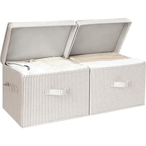 StorageWorks Fabric Storage Bins with Lid, Decorative Storage Boxes for Shelves, Stackable Closet Organizer Basket with Handles, Large, Stripes, 2-Pack
