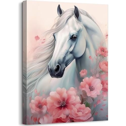 GLOKAKA White Horse Canvas Wall Art - Watercolor Horse and Pink Flower Picture - Animal Painting Print on Canvas - Farmhouse Wildlife Artwork for Home or Girl's Bedroom Decor