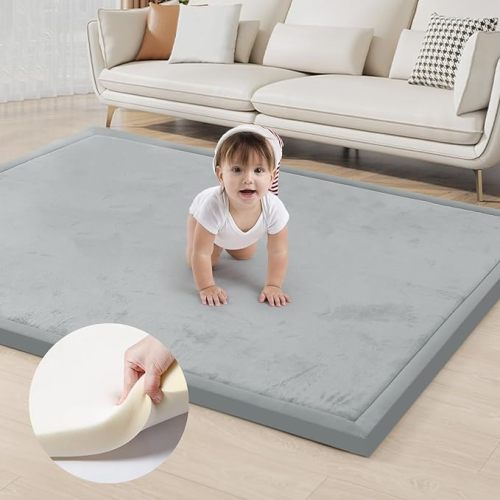ACOMOPACK Baby Play Mat for Floor 1.3" Thick Memory Foam Play Mat 59"×71" Tummy Time Crawling with Non-Slip Bottom for Living Room,Nursery,Soft Velvet Playpen Mats for Kids,Infants(Light Grey)