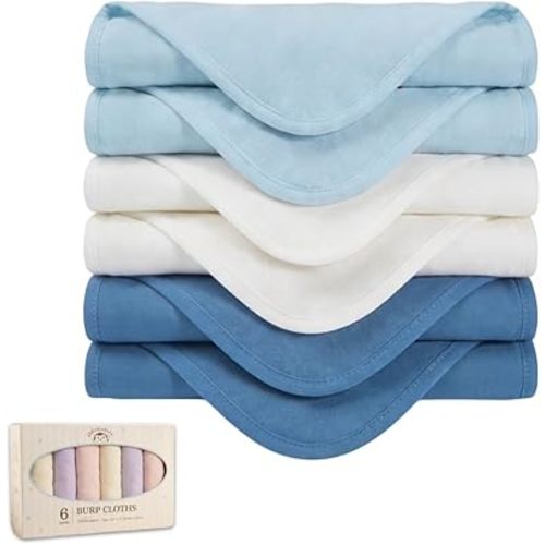 Baby Burp Cloths, 6-Pack 100% Cotton Muslin, Soft & Absorbent, Tapered Design for Extra Coverage, 22x10 Inch, CPC Certified, Gift-Ready (White, Blue, Light Blue)
