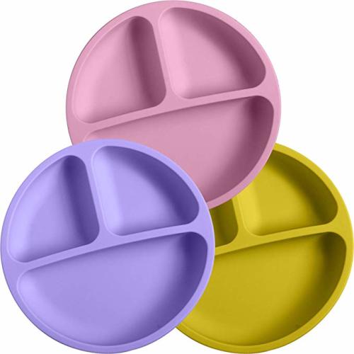 100% Silicone Plates for Toddlers | 3 Pc Set | Divided Baby Plates | Non-Toxic, BPA Free | Dishwasher/Microwave Safe | Silicone Kids Plates - Purple, Pink & Yellow