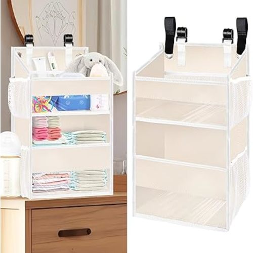 Hanging Diaper Organizer for Changing Table,Cribs,Car,Playard or Wall & Nursery Organization-Durable 2-Tier Diaper Caddy with Mesh Pockets and Viewable Design, Won't Deform, Crib Accessories, Beige