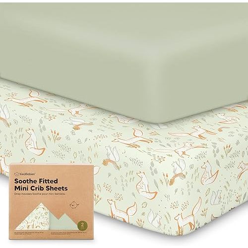 2-Pack Mini Crib Sheets Fitted, Pack and Play Sheets - Organic Cotton Pack N Play Sheets for Pack and Play Mattress, Playard Baby Crib Sheets, Jersey Crib Sheets Neutral for Boys, Girls (Foxtrot)