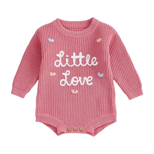 Lesimsam Newborn Baby Boy Girl Valentines Day Outfit Oversized Embroidery Long Sleeve Knit Sweater Bubble Romper Bodysuit