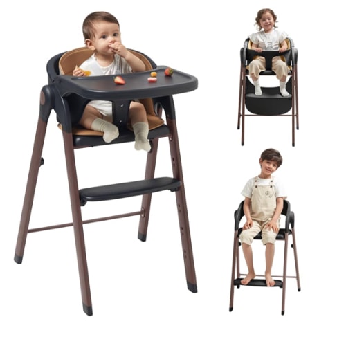 KUB High Chair for Babies and Toddlers Adjustable Foldable Convertible 5 Point Harness Easy Clean Wood-Printed Metal with Removable Tray Baby Highchair for Family (Black&Walnut Wood-Printed Metal)