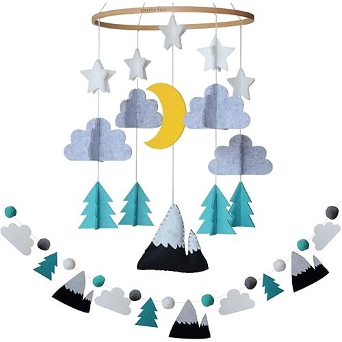 Baby Crib Mobile (Starry Woodland Night w/Garland, Mint) - Nursery Decoration Crib Mobile and Baby Shower for Boys & Girls