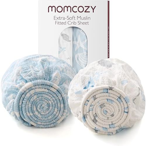 Momcozy Muslin Fitted Mini Crib Sheets, 38''x26'', 2 Pack Soft Breathable Natural Cotton Baby Mattress Sheet, 360° Mattress Wrapping No Slip Boys Girls Neutral Toddler Bed Sheet, Ocean Sound
