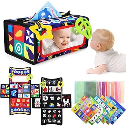 URMYWO Tummy Time Mirror Toys, 3 in 1 Baby Toys 0-6 6-12 Months Newborn Infant Sensory Montessori Toys with Colorful Silk Scarves and Teethers Black and White High Contrast Tissue Box Activity Gift
