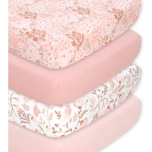 The Peanutshell 4-Pack Fitted Crib Sheet Set - Super Soft & Breathable Baby Girl Crib Sheets, Nursery Decor, Fit for Standard Mattress Cover- Whimsical Floral