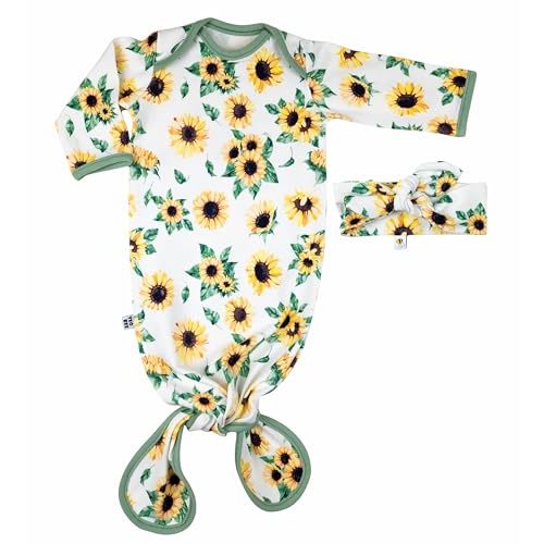 Cotton Sunflower baby girl floral sleeper knotted gown set (Newborn, Sunflower)