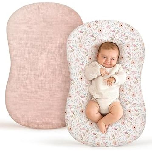 Termichy Baby Lounger Covers Muslin: Soft and Breathable Slipcover for Snuggle Me Lounger - Machine Washable & Zipper-Free for Safe Daily Use - Pink Floral for Girls