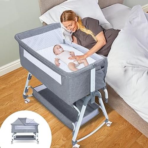 3 in 1 Bassinet for Baby, Baby Bassinet Bedside Sleeper with Mosquito Nets, Baby Bassinet with Wheels, Heigt Adjustable, Easy to Fold Portable Bedside Crib for Infant Baby