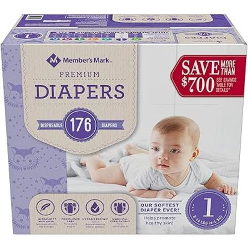 Member's Mark Premium Baby Diapers, Size 1 (8-14 Pounds), 176 Count