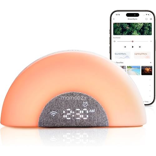 Momcozy DreamSync™ Baby Sound Machine, Night Light, APP Control Baby Sleep Trainer, Routine Builder, White Noise Machine with 34 Soothing Sounds, Wake Up Light Sunrise Alarm Clock, Wireless Speaker