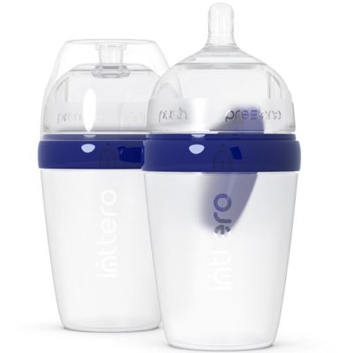 Inttero Pre-loadable Anti-Colic Baby Bottle, 9oz, 2-Pack, Modern Blue
