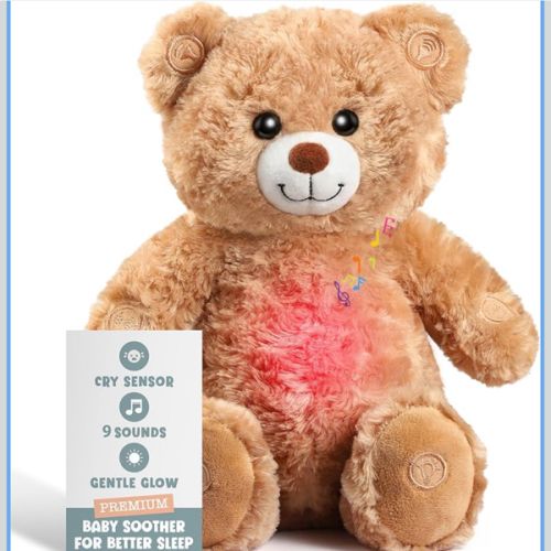 Gemma Joy Baby Sleep Soother Teddy Bear for Baby – Cry Activated Heartbeat Stuffed Animal – Rechargeable Crib Soother with White Noise, Shush, Lullabies & Night Light – Newborn Essentials Must Haves