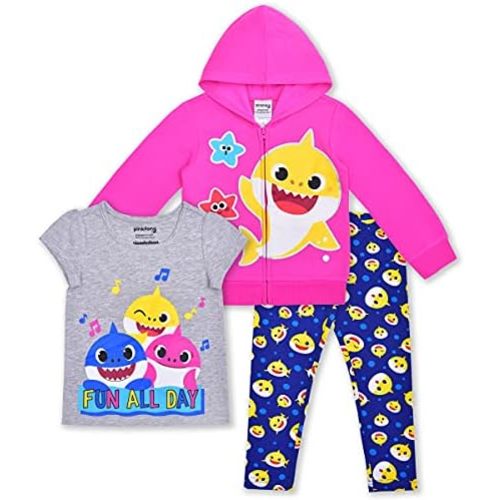 Baby Shark Girls 3 Piece T-Shirt, Zip Up Hoodie and Leggings Set - 2T
