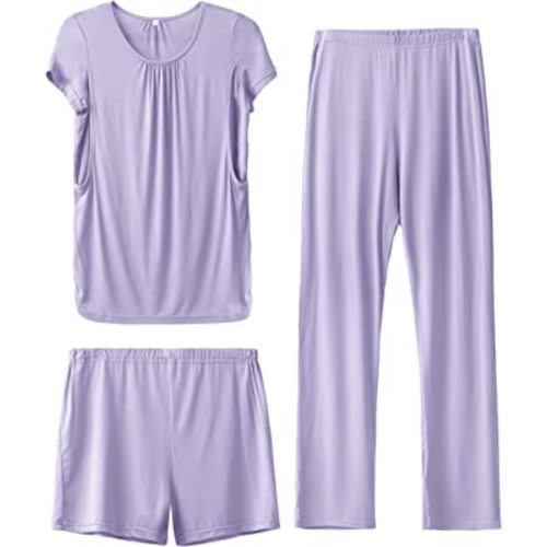 SUNNYBUY Womens Maternity Nursing Pajamas Set, Short Sleeve Breastfeeding Shirts,Pregnancy Shorts & Pants 3 Piece Nursing PJS