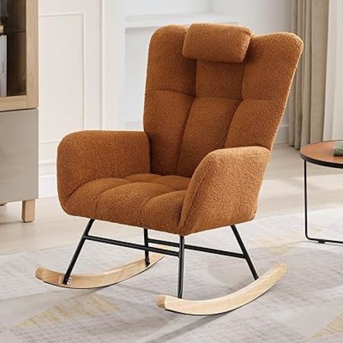 Nursery Rocking Chair,300lb Glider Chair with Wood Legs/Two Side Pockets,Teddy Upholstered Glider Rocker with Padded Seat High Backrest for Living Room/Bedroom/Nursery