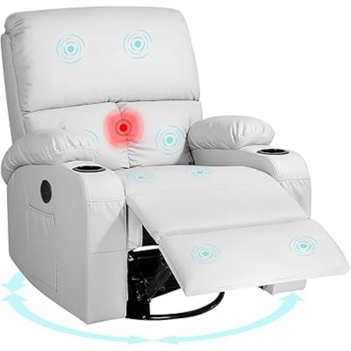 LEVELEVE Rocking Recliner Chair, Massage Rocker Recliner Chair with Vibration Massage and Heat, USB and Type-C Ports,360° Swivel Faux Leather Chairs, Living Room, Bedroom, Nursery, RV, Light Grey