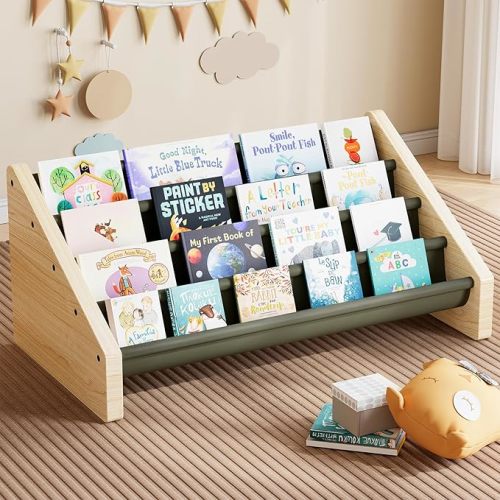 Dayacoco 4-Tier Kids Bookshelf,Montessori Style Book Shelf for Kids Rooms,Extra-Large Children's Bookshelf,Easy to Install Book Shelf for Children's Room or Playroom Storage,Green