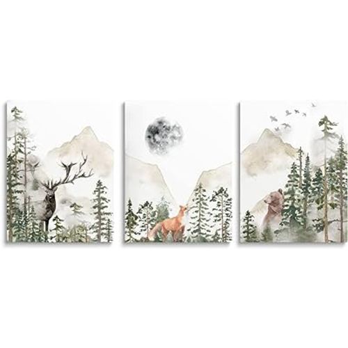 SKYSUKEY Nursery Wall Decor Wild Woodland Animals Wall Art Foggy Forest Wall Art Adventure Theme Nursery Decor Watercolor Mountain Wall Art Beige Green Canvas Prints for Boy's Room Girl's Room Nursery Room, Framed Canvas Wall Art, Set 3, 12"x16"