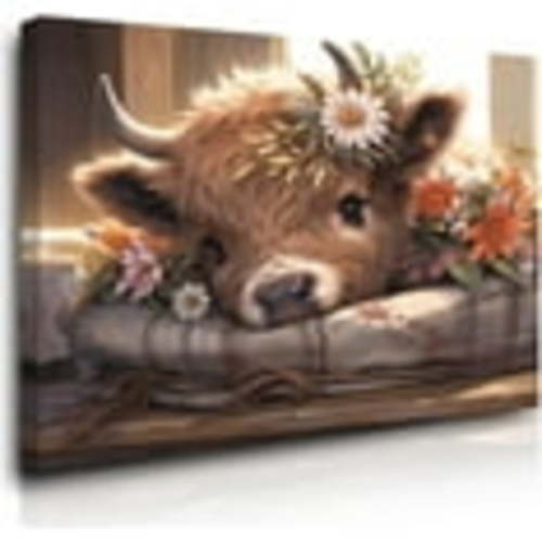 AXXPosters Cute Highland Cow Baby Canvas Wall Art Rustic Farmhouse Watercolor Wildflowers Print Wall Decor Picture Amiable Baby Calf Poster Wall Pictures for Bedroom Kids Nursery Room Decor 24"x36"