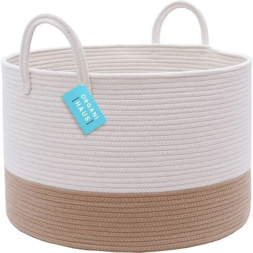 OrganiHaus Large Woven Storage Basket for Blankets and Toys 20" x 13" Inch, Rope Laundry Basket with Handles, Cushions & Pillows Storage Bin, Nursery Hamper, Soft Round Dog Toy Bin - Honey/Off-White