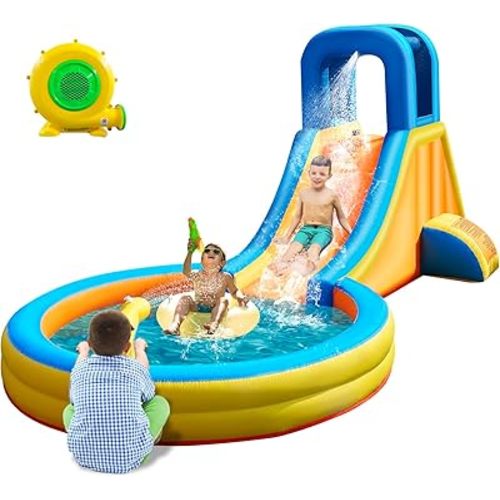 Inflatable Water Slide for Kids – 5-in-1 Blow Up Bounce House with Long Slide, Climbing Wall, Splash Pool, Water Cannon, Spray Water Spout – Backyard Toddler Water Park with 370W Blower & Storage Bag