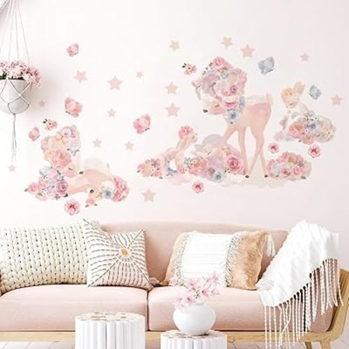 Fanwaoo Floral Deer Wall Decals Pink Flower Wall Stickers Colorful Butterfly Wall Decor for Girls Kids Room Baby Nursery Bedroom Wall Decoration