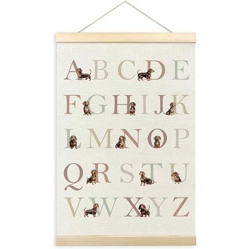 TLESKE Dachshund Alphabet ABC Chart Poster Hanger Frame, Homeschool Preschool Hanging Wall Art Decor for Dachshund Lover Toddler Kids Room Nursery Playroom, Wiener Dog ABC Print Picture Banner, 16x24