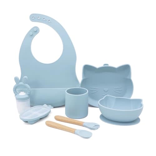ARROHINC Essentials Baby Silicone Feeder Set, Plates Bundle: Silicone Baby Bowls, Suction Baby Plates, Wooden Baby Spoons and Forks, Toddlers, Dishwasher Safe Dinnerware Dish Set (LittleClouds Blue)