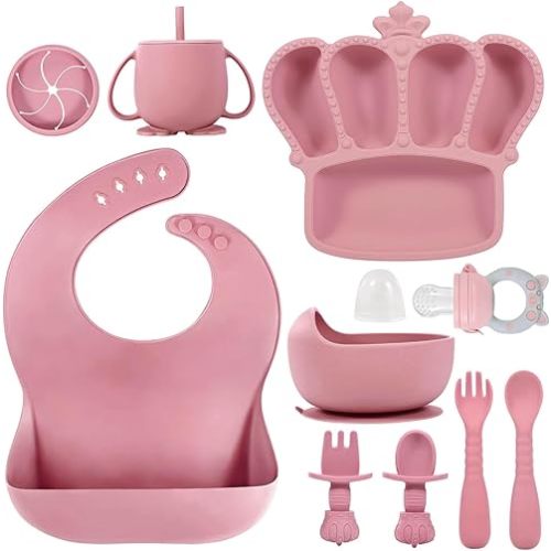 Silicone Baby Feeding Set 10 Pcs Baby Led Weaning Supplies Suction Bowl Divided Plate Baby Bibs Fruit feeder Pacifier Baby Spoons Forks Sippy Cup Utensil Sets Baby Essentials for Newborn (Deep Pink)