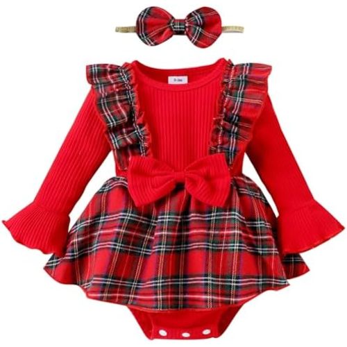 Mubineo Conjunto de mameluco de Navidad para bebé niña con volantes para otoño e invierno