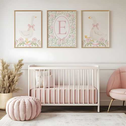 Pink Goose Nursery Decor Prints, Custom Pink and Green Floral Wall Art, Silly Goose Print, Cottagecore Nursery Art, Baby Girl Bow Nursery