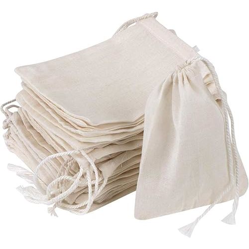 20 Pcs Muslin Drawstring Bags - Natural Unbleached Cotton Straining Herbs Cheesecloth Bags for Coffee Tea Brew, Soup Gravy Broth Stew, Bone Broth Brew, Spice, 4 x 3 Inches
