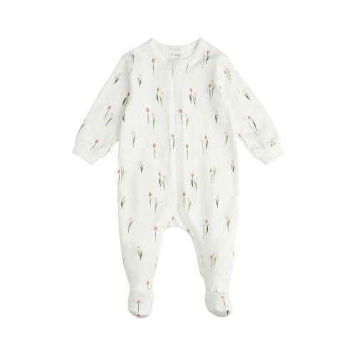 Baby Tulip Print Organic Cotton Fitted One-Piece Pajamas, Off White