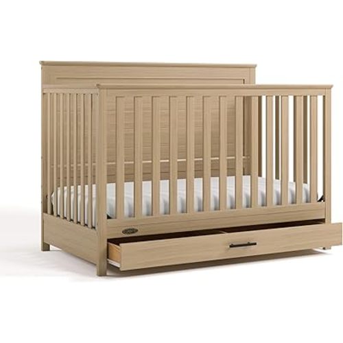 Graco Tristan 5-in-1 Convertible Crib with Drawer (Driftwood) – GREENGUARD Gold Certified, Fits Standard Crib Mattress, Premium Handle, Converts to Toddler Bed, Daybed, and Full-Size Bed