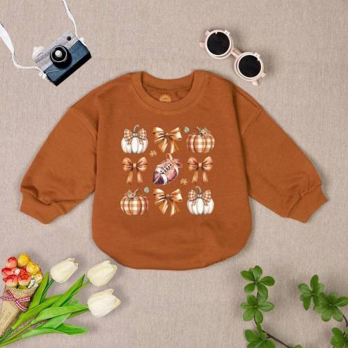 Coquette Bow Pumpkin Romper Sweatshirt, Fall Autumn Baby Outfit, Football Season Toddler Pullover, Halloween Baby Girl Gift, Cozy Romper
