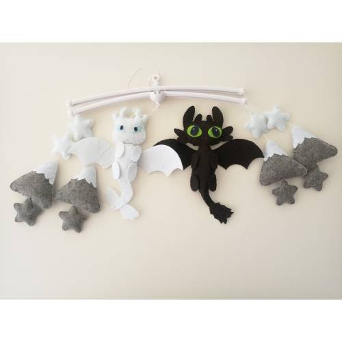 How To Train Your Dragon Baby Mobile, Night Fury mobile, Light Fury Baby Mobile, Nursery Decor gray mountains gray stars,Baby Shower Gift